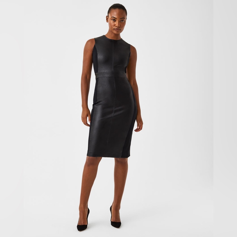 SPANX Sheath Dress Mixed Media Knee Length Leather Like Sleeveless Black L NEW
